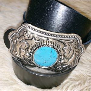 Black Leather Belt Turquoise and Silver Buckle